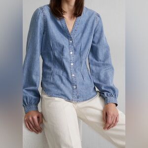 Veronica Beard Sedona Chambray Denim Blouse Sz 4 Quiet Luxury Coastal Feminine